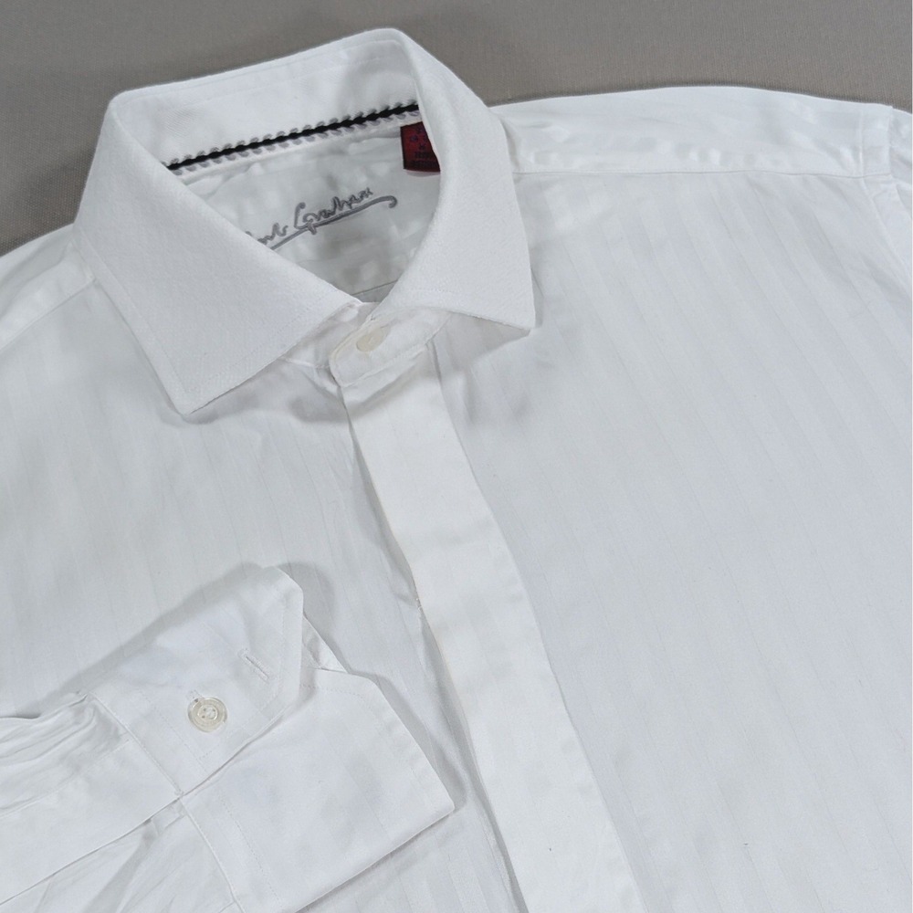 Robert Graham Mens White Tonal Stripe Cotton Dress Shirt‎ 15.5 M Hidden Placket
